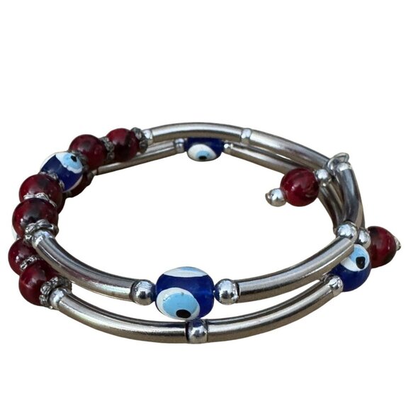 Murano Glass Evil Eye Beaded Wrap Bracelet Red & Blue Silver Tone Adjustable Han - Picture 2 of 7
